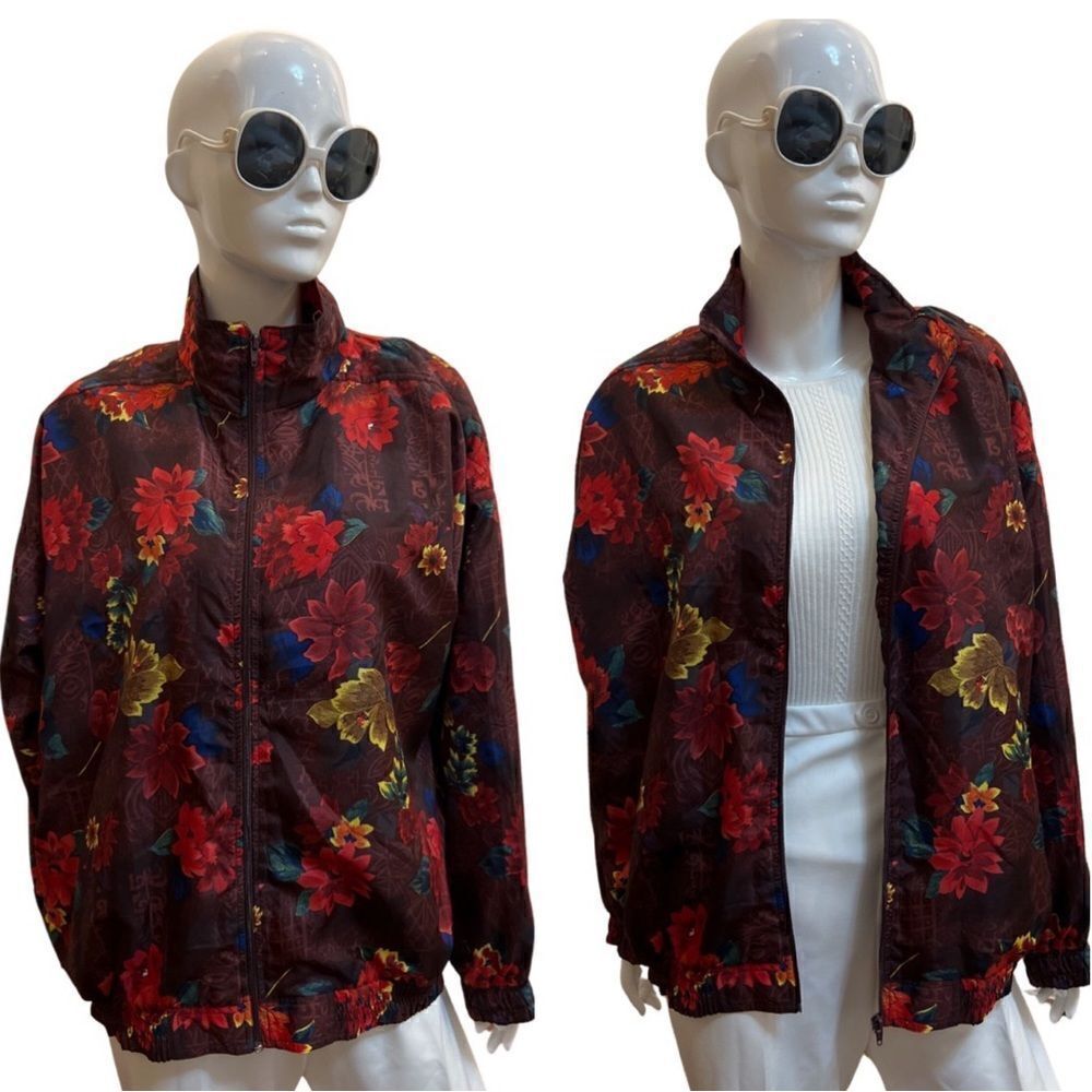 Cool Vintage Volup 90s Plus Size Plum and Neon Floral Windbreaker Jacket